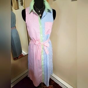 Striped Sleeveless Shirt Dress with Belt